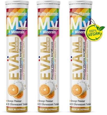 EVÄM Premium Multivitamin + Mineralien Brausetabletten I Geschmack Orange I 3x 20 Stück I Nahrungsergänzungsmittel mit wichtigen Vitaminen für den täglichen Vitaminbedarf I Vegan I Made in Germany
