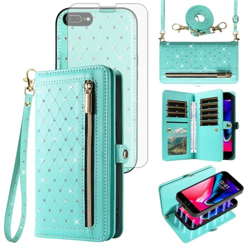 Phone Case for iPhone 7plus 8plus 7/8 Plus Zipper Wallet Detachable Cell Cover with Screen Protector Crossbody Lanyard Strap Flip Credit Card Holder i Phone7s 7s + 7+ 8s 8+ Phones8 7p 8p Women Green
