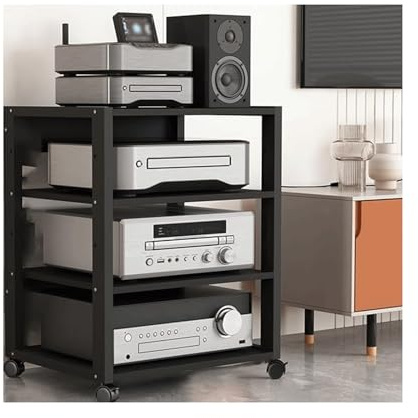 RGZFYH HiFi Rack AV-Medienständer mit Rädern, mobiles Rack, Audio-Tower mit höhenverstellbaren Regalen, Stereo-Rack aus Holz, audiovisuelles Regal for Plattenspieler TV(Svart,4 Tier)