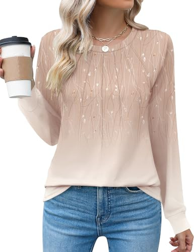 Rapbin Women's Fashion 2024 Summer Tops Dressy Casual Crewneck Long Sleeve Blouses Cute Tunic T-Shirts