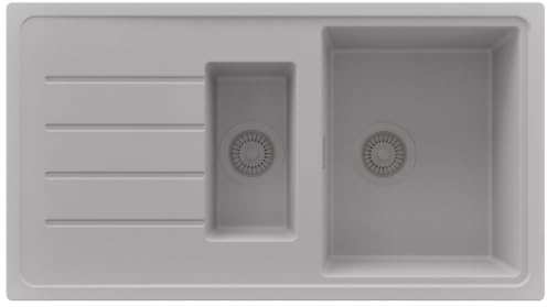 PRIMAGRAN Spülbecken ab 60er Unterschrank + Ablauf-Set, 90x50cm | Set: Ablauf-Set (Siphon, Ablaufgarnitur, Überlauf) + Granitspüle 1,5 Becken - Kopenhagen Duo, Alles Grau