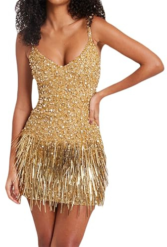 Kfsghdnz Damen Minikleid mit glitzernden Quasten, Pailletten, Fransen, V-Ausschnitt, ärmellos, offener Rücken, Spaghettiträger, Party, Clubwear, Kostüm