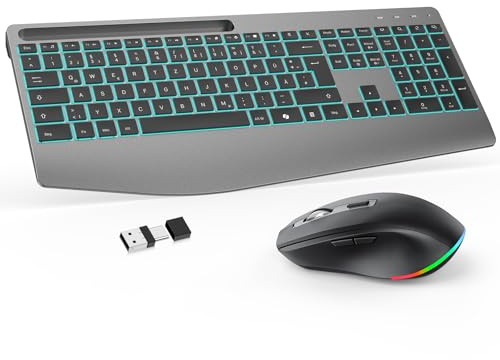 Tastatur Maus Set Kabellos 2,4GHz QWERTZ, OMOTON Beleuchtete Tastatur Leise | Handballenauflage, Ein USB Empfänger für beide Geräte, 4 DPI Maus, Wiederaufladbar, Ergonomische, Windows Linux, Home Office