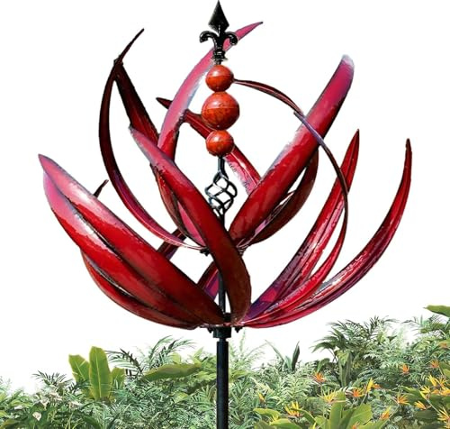 Metall Windrad für Garten, Windrad Garten Lotus Windspiel Windmühle Wetterfest und Standfest Wind Spinner Metall Windräder mit Besten Kugellagern, für Als Dekoration (Rot)
