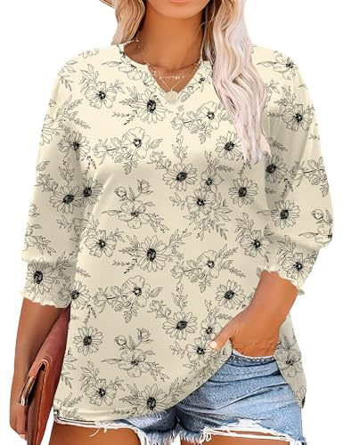Rapbin Women's Plus Size Blouse 3/4 Sleeves V Neck Shirt Elegant Tunic Tops | Ladies Loose Casual Summer Tops for Womens Floral Oversized Shirts XL-5XL