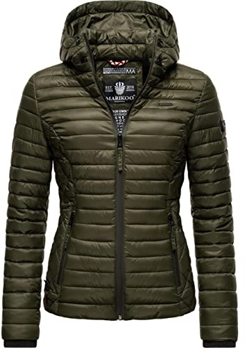 MARIKOO leichte Damen Übergangsjacke kurz mitteldick gefütterte Steppjacke mit Kapuze Samtpfote Olive Gr. XS