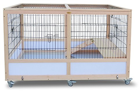 HABAU Kaninchenstall für Innen, Indoorstall aus Naturholz mit Metallgitter und Rollen, 118 x 75 x 79 cm