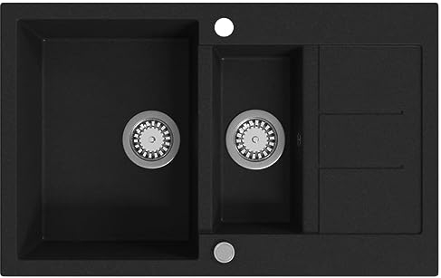 vidaXL Fregadero Cocina 2 Senos Negro Granito Fregadero Lavabo Caño Lavaplatos