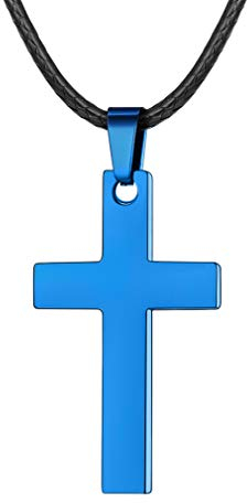 FaithHeart Leder Halskette mit KreuzAnhänger, Edelstahl Christlich Kreuz (Blau) Minimalist Unisex Collier für Männer Frauen Jungen Mädchen