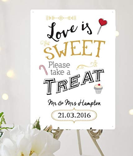 Wedding Sweet cart sign - Personalised Love is sweet, take a treat WHITE A4 vintage Wedding chalkboard style METAL sign decoration