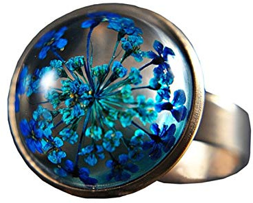 Fleurs bleues Bague Or rose réglable unique/Stainless Steel Ring with Real Blue Flowers Rose Gold