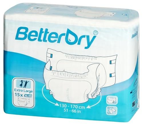 BetterDry Windeln für Erwachsene mit Kunststoffrückseite, Saugfähigkeit über Nacht, Unisex für Damen und Herren, Größe XL, 60 Stück