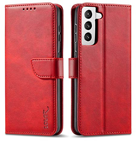 LOLFZ Wallet Case for Samsung Galaxy S21 5G, Vintage Leather Book Case with Card Holder Kickstand Magnetic Closure Flip Case Cover for Galaxy S21 5G - Red