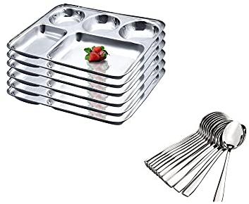 Indian Bhojan Thali / Stainless Steel Dinner Plate with 5 Compartments for Hostel, Hotel, Gurudwara, Factory, Corporate / Set of 25 Plates with Free Spoons/Home and Commercial Purpose (25)