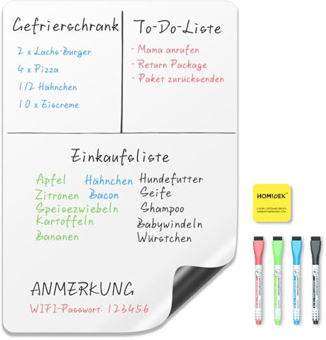 HOMiDEK Whiteboard Folie Magnetisch für Kühlschrank: A3 Magnettafel Für Küche Menü Wochenplaner, Einkaufsliste, Memo Erinnerung Notizen - Abwischbar Magnetfolie mit 3 Markers und Schwamm, 28x43cm