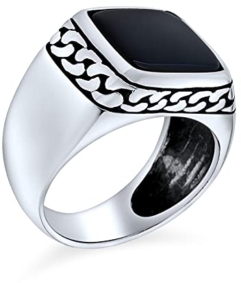Personalisieren Retro Klassisch Elegant Kette Link Akzent Schwarz Onyx Edelstein Quadratisch Siegelring Für Männer Schwer Oxidiert .925 Sterling Silber Handgefertigt In Der Türkei