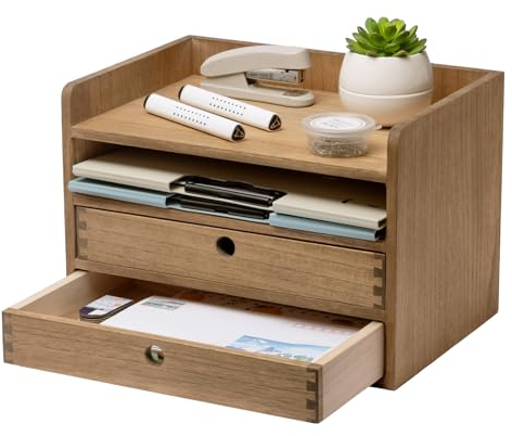 KIRIGEN Wood Desktop Organizers with Drawers Home Workspace Office Supplies Wooden Storage Box Shelf Case Hold Makeup Box with 2 Drawers and 1 Shelves Dark Brown