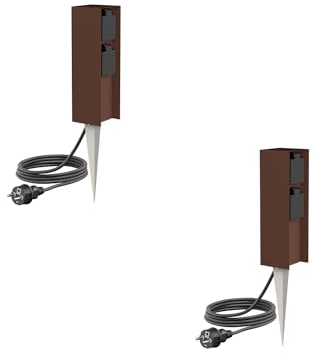 ledscom.de 2 Stück Garten-Steckdosen-Säule POMI mit Erdspieß und 2m Kabel für außen, IP44, 2-Fach, braun, eckig, 23cm