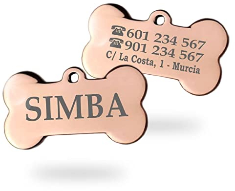 Ibera Gifts - Chapa Perro Grabada en Forma de Hueso | Placa Perro Personalizada para Perros y Gatos Medianos y Grandes | Placa Identificativa en Acero Inoxidable (Rosa oro)