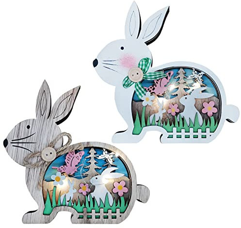 Osterdeko Holzhase, Ostern Deko Figuren Holz Klein, Osterhasen Figuren Holz Mit Led Licht, Osterdekoration Hase Aus Holz, Ostern Deko Set Frühling Innen Fenster Esstisch Gartendeko Vintage 2pcs Set