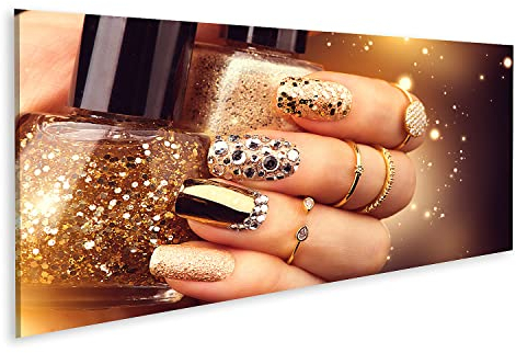 Bild auf Leinwand Goldene Maniküre Mit Edelsteinen Und Funkelt Eine Flasche Nagellack Trendige Accessoires Wandbild Poster Kunstdruck Bilder