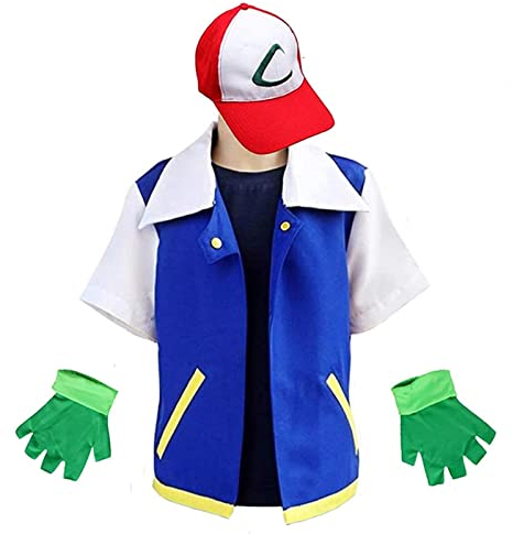 PUYYDS Männer Anime Blaue Jacke Jungen Mädchen Ash Ketchum Cosplay Kostüm für Halloween Frauen Trainer Mütze und Handschuhe Verstellbare Baseballmütze