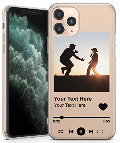 Personalisierte Handyhülle für iPhone 11 Pro Max - Klare Softgel-Schutzhülle mit individuellem Fotodesign, Songalbum und eigenem Text - Schwarzer Text