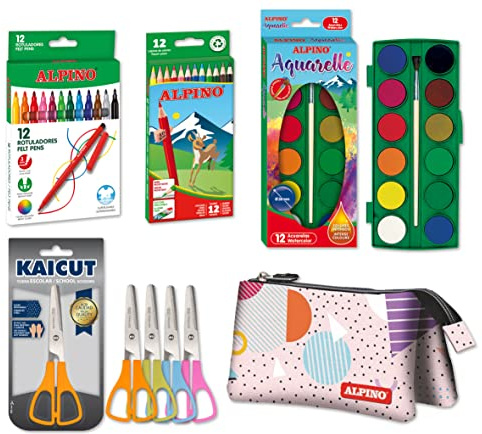 Alpino Material-Set für die Schule, 12 Buntstifte + 12 Standard-Marker + Etui 3 Fächer Geometric + Set 12 Aquarellfarben + Kaicut Schere | Packung Schule