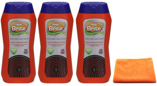3X Hob Brite Hob Cleaner Lemon Sherbet (3X 250 ML), Ceramic, Electric, Halogen and Induction Hob Cream Cleaner with Microfibre Cleaning Cloth- Packaging May Vary