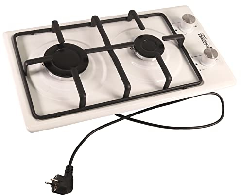 GARDINGER Haushaltskocher Prime weiß emailliert zweiflammig Propankocher Gaskocher Piezo (230 V) Zündsicherung Outdoorküche als Einbaugerät oder Standgerät