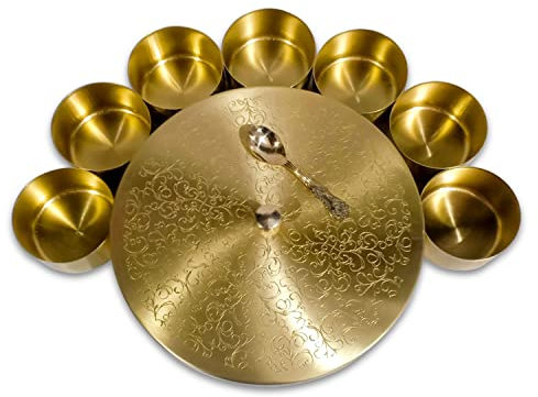 Aakrati Devyom Spice Jar Container Brass Masala Box Dani Set With 7 Containers and 1 Spoon, Golden Embossed Lid (Design-4), Gold, 8x8x2.2 inch