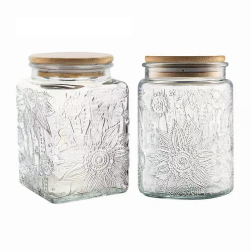 ANSQU Set of 2 Vintage Glass Storage Jars, Glass Food Storage Containers(750ml/ 700ml), Candy Jars with Lids for Kitchen Coffee, Tea, Cookie, Sugar, Bath Salts, Cute Jar