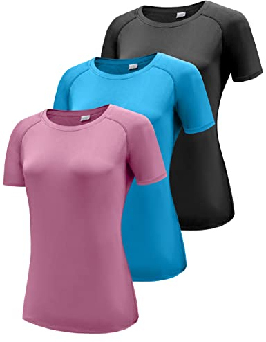 3er Pack Sport T-Shirt Damen, Kurzarmshirt Frauen, Workout Tops Rundhals Sport Casual Oberteile, Kurzarm Funktionsshirt Laufshirt, Sommer Gym Top Yoga Shirt Fitness T-Shirts Black/Blue/Pink 3P14-M