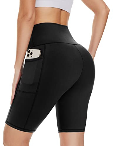 DDOBB Cycling Shorts Women with Pockets High Waist Gym Shorts Tummy Control Tights Soft Strech Pants for Running Yoga(Black L-XL)