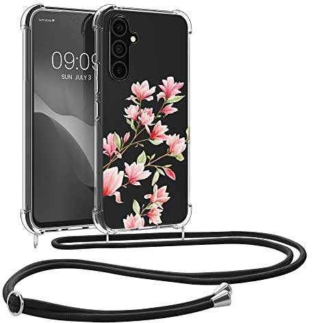 kwmobile Necklace Case kompatibel mit Samsung Galaxy A54 5G Hülle - Silikon Cover mit Handykette - Rosa Weiß Transparent Magnolien