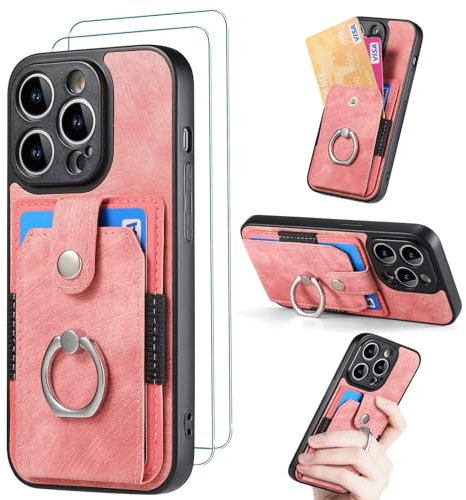 FMPCUON for iPhone 6/6s Case with Card Holder and[ Screen Protector Tempered Glass X2],Slim Soft TPU Ring Holder Shockproof Anti-Scratch Phone Case Cover - Pink