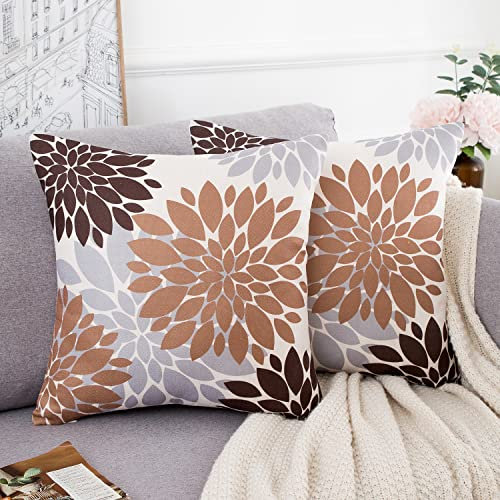 Kissenhülle 40 x 40 cm Kissenbezug Braun Grau Blumen Moderne Abstrakte Blumen Muster Dekorativer Dekokissen Sofakissen Couchkissen Kissenbezüge für Wohnzimmer Schlafzimmer Sofa Stuhl 2er Set