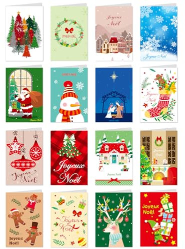 DPKOW Joyeux Noël Cartes de Vœux avec Enveloppe, 16 Différentes Noël Cartes en Français pour Noël Nouvel an Cadeau, Joyeux Noël Cartes postales pour Parents Amis Collègues Voisins Professeur