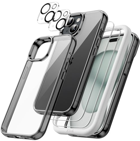 JETech 5 in 1 Cover per iPhone 15 6,1 Pollici con 2 Vetro Temperato Pellicola Protettiva e 2 Lente Fotocamera Protezione, Anti Ingiallimento Antiurto Cellulare Custodia (Nero)