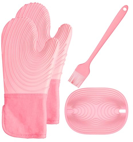 Gant Cuisine Four,Gant Four Anti Chaleur avec Support de Casserole antidérapant et Brosse à Huile en Silicone pour la Cuisson,la Cuisson,Les grillades,Le Barbecue,Le Micro-Ondes,Le gantelet-Rose