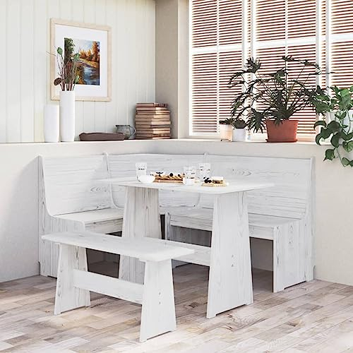 Homgoday Esstisch mit Bank Essgruppe Esszimmertisch Küchentisch Holztisch Speisetisch Tisch für Esszimmer Wohnzimmer Küche Esszimmermöbel mit Bank Weiß Massivholz Kiefer