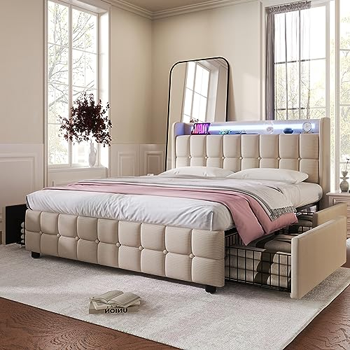 Merax Polsterbett 180x200 cm mit LED-Beleuchtung und Aufladen USB, Doppelbett Bettgestell mit Lattenrost und Stauraum Kopfteil, Bett mit 4 Schubladen, Leinenmaterial, Jugendbett, ohne Matratze, Beige