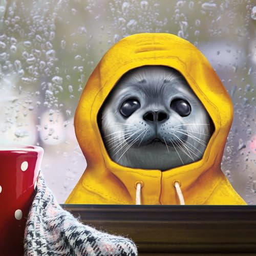 Fensterbild Tiere im Regenmantel mit Kapuze Herbst herbstlicher Fensteraufkleber Fensterdeko Regen, ca. A3 Format, Robbe