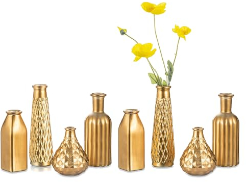 Hewory Vergoldete Glasvase Golden Vasen Klein Vase 8er Set, Modern Mini Glas Vasen Hochzeit Deko Luxus Blumenvase für Tischdeko, Kunst Kreative Geschenkideen 22cm