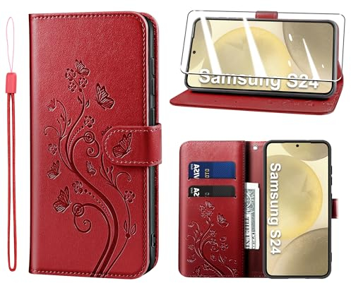 KRAFTCARE Samsung Galaxy S24 Flip Case - Leder Schutzhülle mit Kartenfach, Ständer und Magnetischer Verschluss - Rot