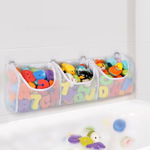 DOCMON Bath Toy Storage, Large Capacity 3 Compartments Bathtub Toy Storage, Opening Bath Tub Toy Holder Organizer, Mesh Shower Caddy for Kids Baby Bathroom Toy