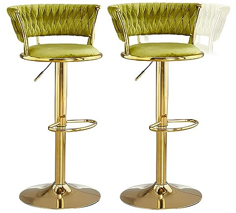 ZERAPH Küchen-Barhocker mit Rückenlehne aus Samtgewebe, 2er-Set, höhenverstellbarer Thekenhocker, Barstuhl mit goldenem Metallgestell für Kneipe, Küche, Café, Grün