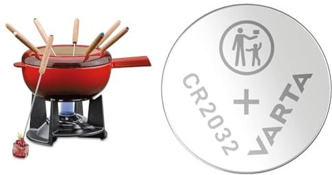 Spring Gusseisen Fondue Set rot | Ø 20 cm | mit 8 Fonduegabeln und Spritzschutz & VARTA Batterien Knopfzellen CR2032, 10 Stück, Lithium Coin, 3V