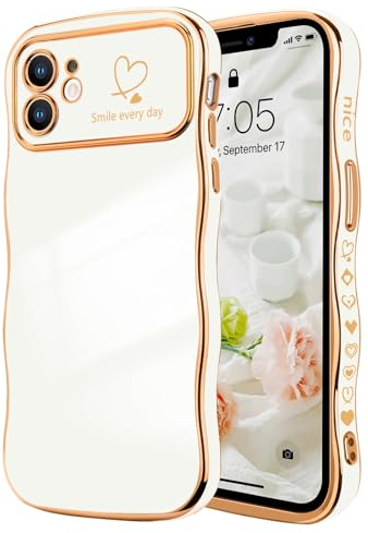 LCHULLE for iPhone 11 Case for Women Girls,Cute Curly Wave Frame Shape Love Heart Pattern Phone Case,Raised Camera Protection Luxury Plating Shockproof Cover for iPhone 11 6.1,White