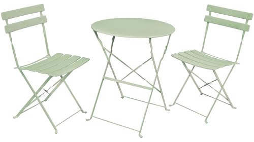 BDW - Orion Gartenmöbel Set - Balkonmöbel - Gartentisch Ø 60 cm - Klapptisch und 2 Gartenstühle - Möbel für kleinen Balkon, Terrasse, Garten - aus Metall, Klappbar, Platzsparend - Gartenmöbel Grün